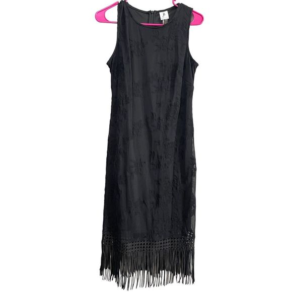 Julia Jordan Embroidered Fringe-Trim Lace Black Dress Women's Size 6 - Picture 3 of 10